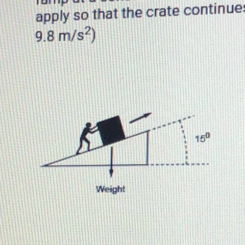 In the image below, a worker is pushing a crate with a mass of 20 kg up a ramp at a constant rate. I
