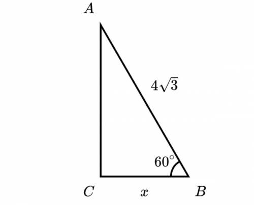 In the right triangle shown B=60 and AB=4V3 how long is BC plz help