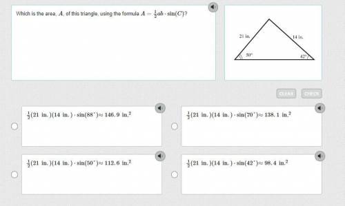 Which is the area, A, of this triangle, using the formula A=12ab⋅sin(C)?