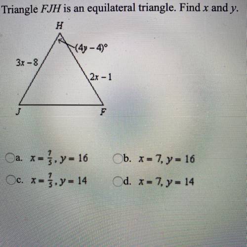 Triangle FJH is an equilateral triangle. Find x and y.