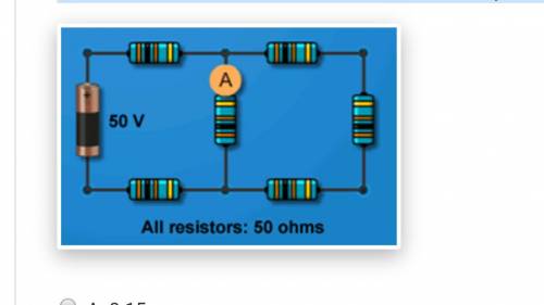 On the circuit below, what is the current measured by the ammeter? Each resistor is 50 ohms, and the