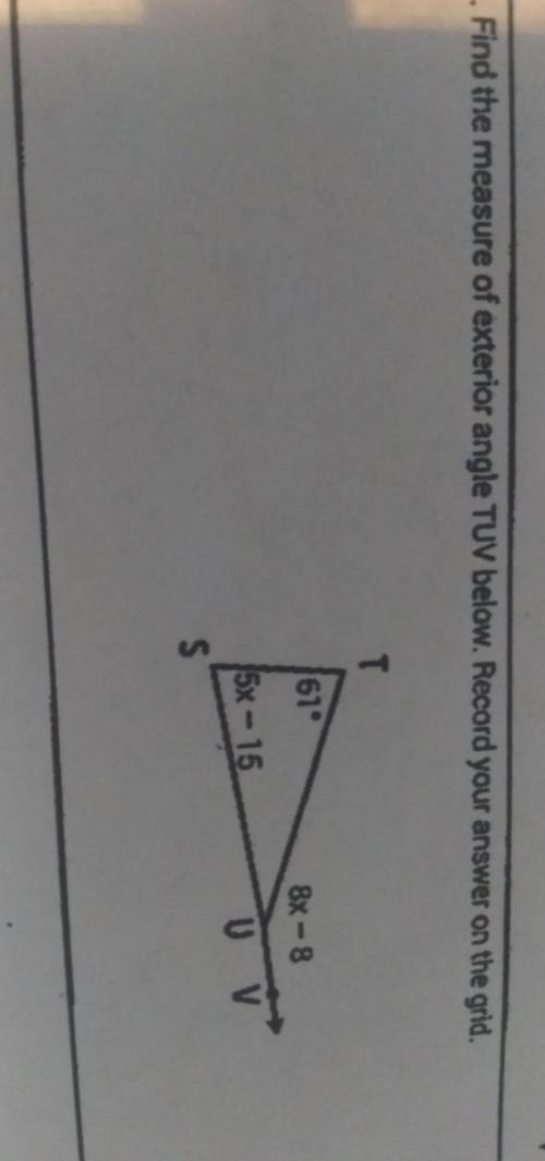 Find the measure of exterior angle tuv below .