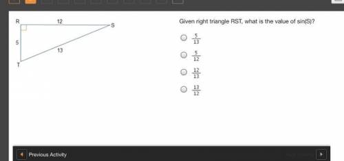 Given right triangle RST, what is the value of sin(S)?