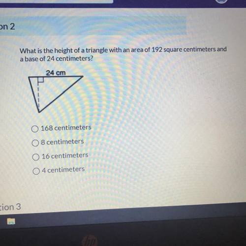 What is the height of a triangle with an area of 192 square centimeters and a base of 24 centimeters