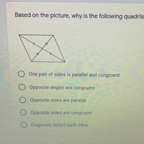 Based on the picture, why is the following quadrilateral a parallelogram? pleaseeeee help!