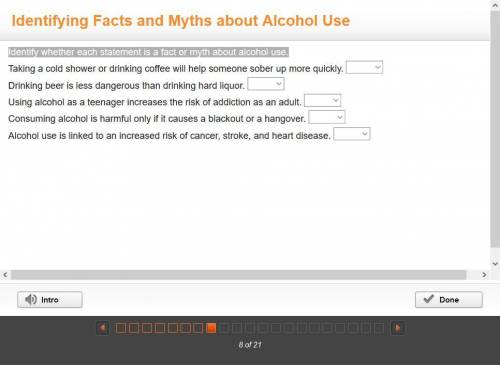 Identify whether each statement is a fact or myth about alcohol use.
