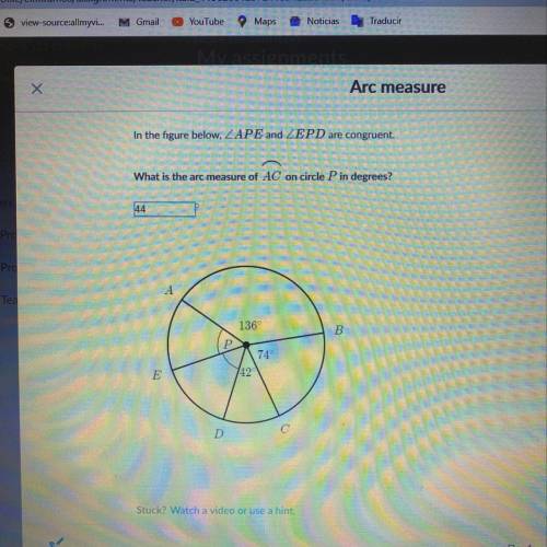 What is the arc measure of AC on circle P in degrees?