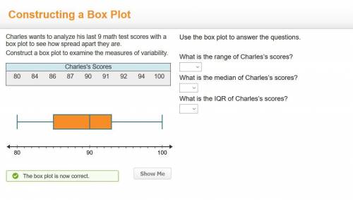 Use the box plot to answer the questions. What is the range of Charles’s scores? What is the median
