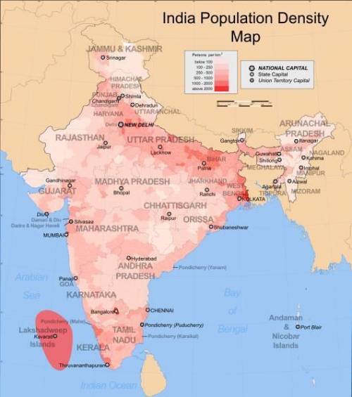 Using the accompanying map, explain how geography impacts the population density of India. I WILL GI