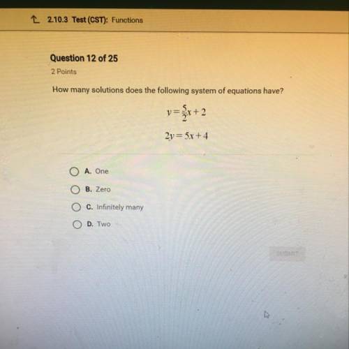 How many solutions does the following system of equations have? v=5/2x+2 2v=5x+4