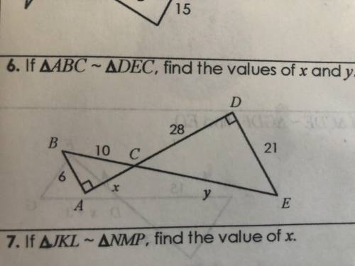 If triangle ABC is similar to triangle DEC, find the values of x and y.