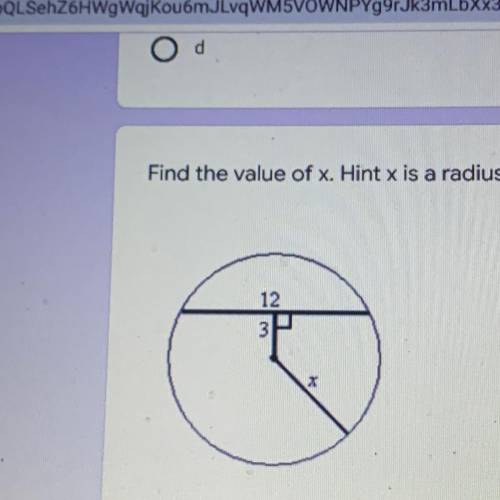 Find the value of X, X is a radius.  A- 11.6  B- 12.4 C- 6.7 D- 8.0
