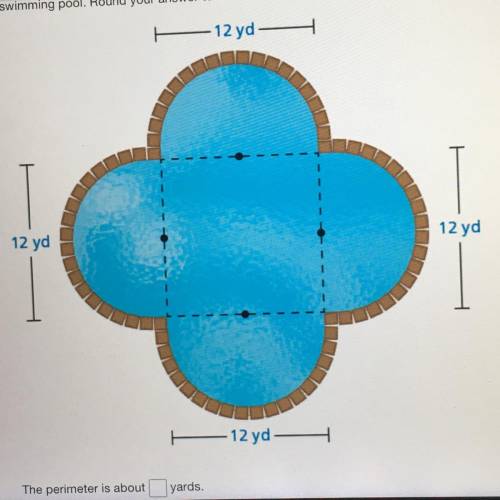 A hotel swimming pool is made up of four semicircles and a square. Find the perimeter of the swimmin