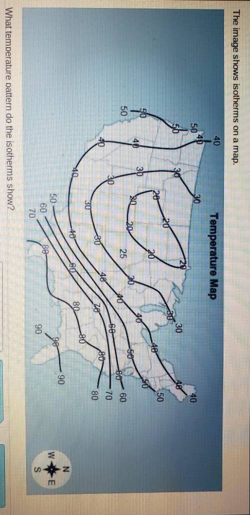 The image shows Isotherms on a map.What temperature pattern do the isotherms show?A. lemperatures in