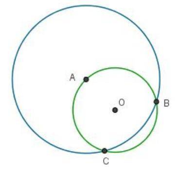A circle with radius 2 units passes through the center A of another circle and intersects it at poin
