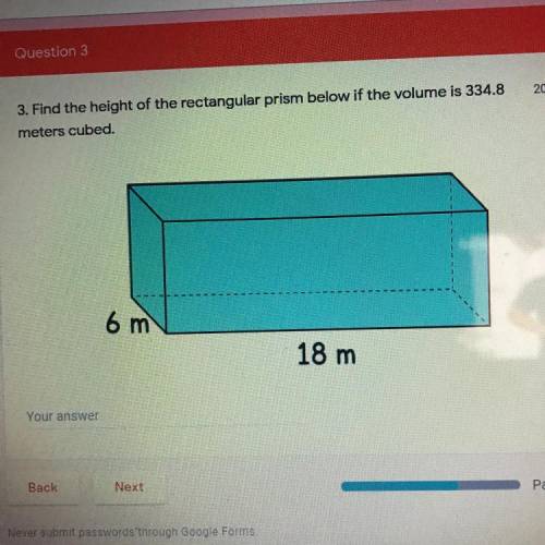 3. Find the height of the rectangular prism below if the volume is 334.8 meters cubed.