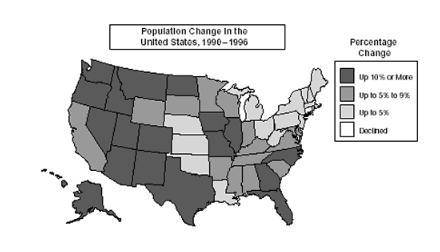 According to the map, which state had the lowest percentage of population growth between 1990 and 19