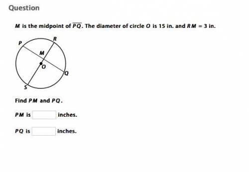 M is the midpoint of PQ. The diameter of circle O is 15 in. and RM = 3 in.