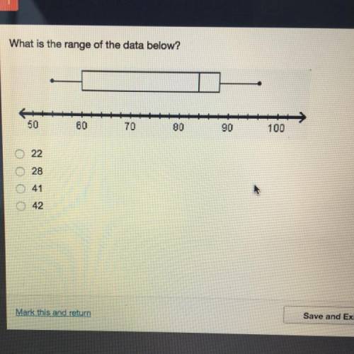 What is the range of the data below? A: 22 B: 28 C: 41 D: 42