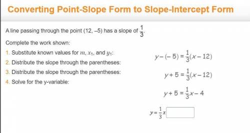 A line passing through the point (12, - 5) has a slope of 1/3. Complete the work shown. Substitute k