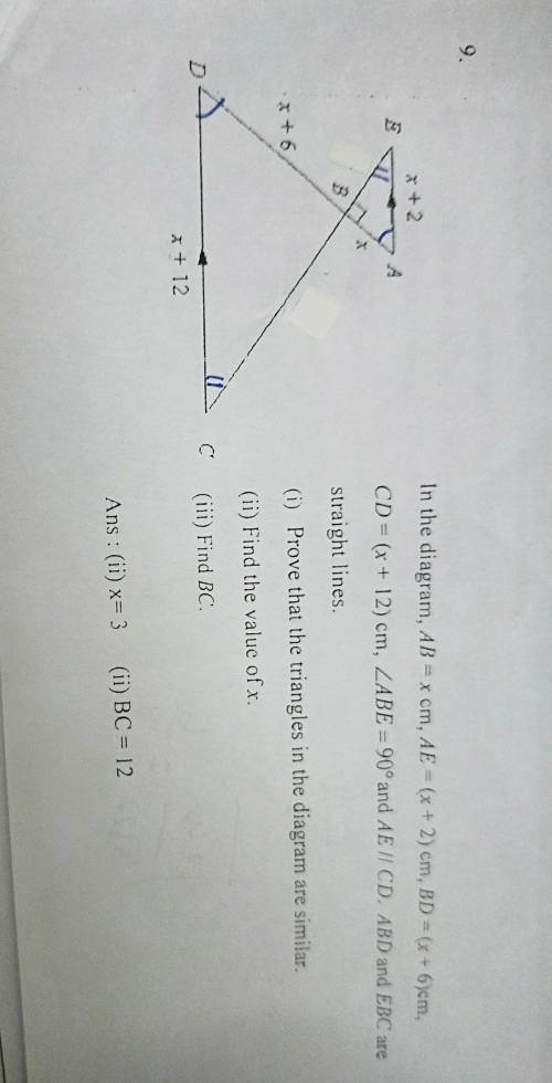 Pls help In the diagram, AB = x cm, AE = (x + 2) cm, BD = (x + 6)cm.CD= (x + 12) cm, angle ABE =90°
