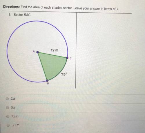 Find the area of each shaded sector.  1. sector BAC