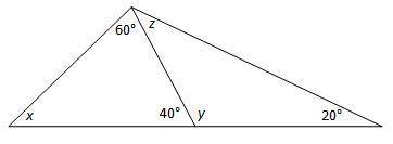 10. Find the values of the angles x, y, and z. Possible Answers are: A: x = 80°; y = 140°; z = 20° B