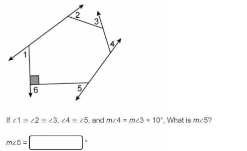 If ∠1 ≅ ∠2 ≅ ∠3, ∠4 ≅ ∠5, and m∠4 = m∠3 + 10°, What is m∠5? (exterior angles)