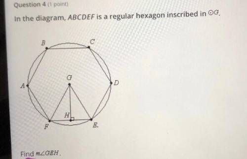 Find angle GEH, which is located inside inscribed hexagon ABCDEF.