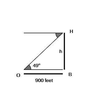 An observer (O) is located 900 feet from a building (B). The observer notices a helicopter (H) flyin