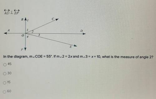 In the diagram, m_COE = 55°. If m2 = 2x and mz3 = x+10, what is the measure of angle 2?45301560
