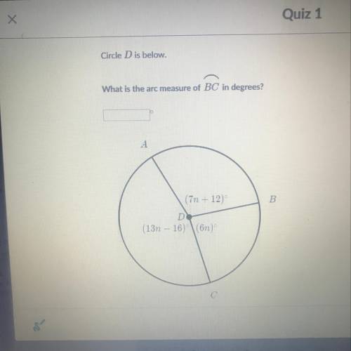 Circle D is below what is the arc measure of BC in degrees
