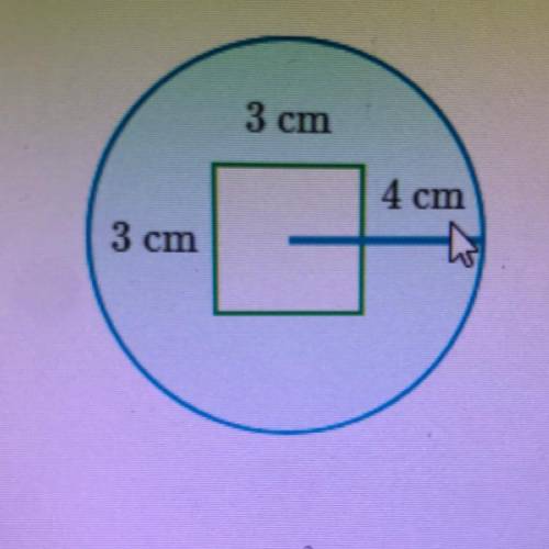 A 3 cm x 3 cm rectangle sits inside a circle with radius of 4 cm. What is the area of the shaded reg