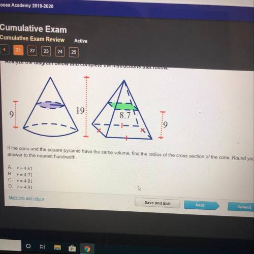 If the cone and the square pyramid have the same volume, find the radius of the cross section of the