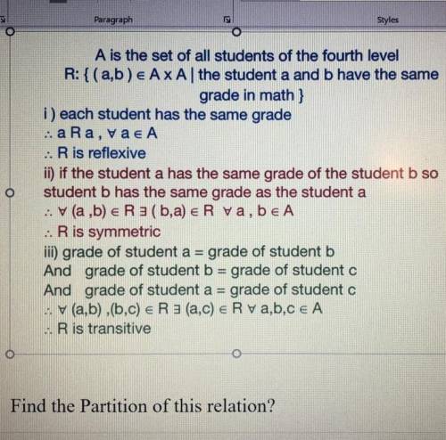 Find the partition of this relation