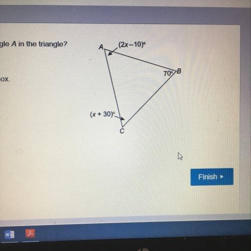 What is the measure of angle A in the triangle into your answer in the box