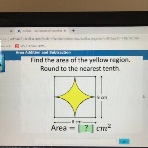 Find the area of the yellow region. Round to the nearest tenth. 8 cm 8 cm Area = [ ? ] cm2