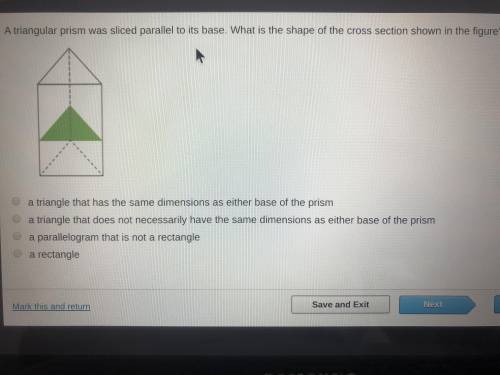 A triangular prism was sliced parallel to its base.What is the shape of the cross section shown in t