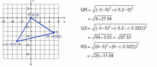 Jerome found the lengths of each side of triangle QRS as shown, but did not simplify his answers. Si
