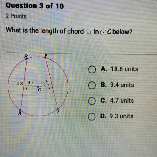 What is the length of chord VI in OC below? A. 18.6 units B. 9.4 units C. 4.7 units D. 9.3 units