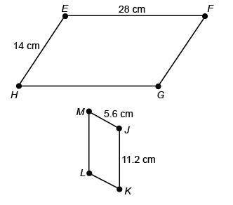 Parallelogram EFGH is similar to parallelogram JKLM . What is the scale factor of a dilation from EF