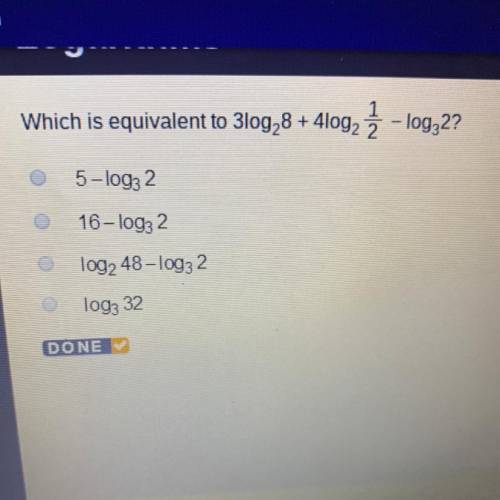 Which is equivalent to 3 * log2 8 + 4 * log2 1/2 - log3 2 5 - log3 2 16 - log3 2 log2 48 - log3 2 lo