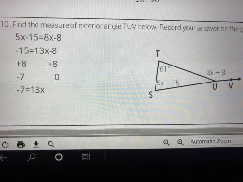 Find the measure of exterior angle TUV below. Help please