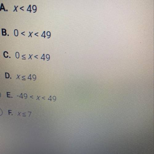 Which choice is the solution set for the inequality below? √x <7