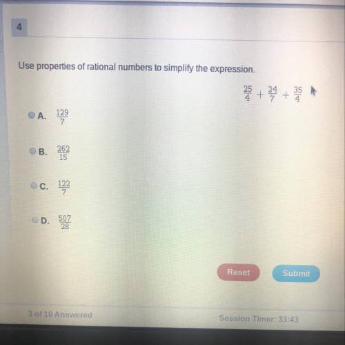 Use properties of rational number to simplify the expression. A.)129/7 B.)262/15 C.)122/7 D.)507/28