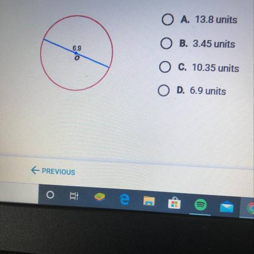 The blue segment below is a diameter of oo. What is the length of the radius of the circle? O A. 13.