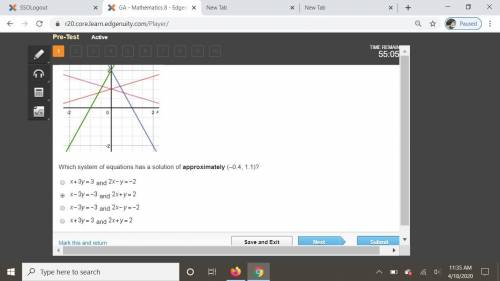 Which graph shows the system of equations 4 x + y = 3 and 2 x minus 3 y = 3?