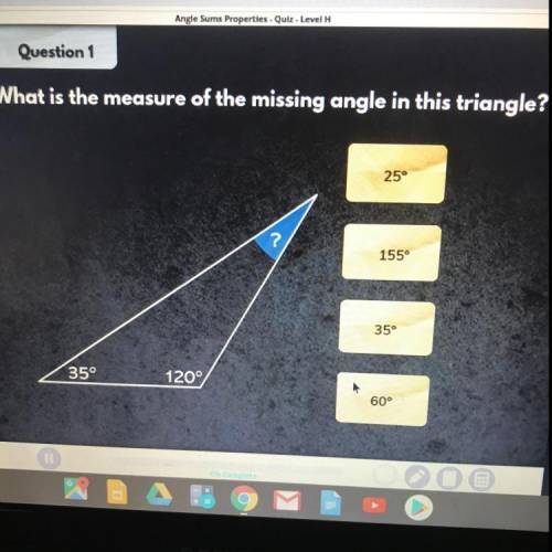 What is the measure of the missing angle in this triangle