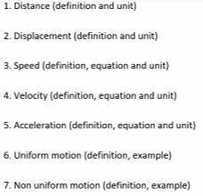 Find out the definitions, units, examples and equations for the following: