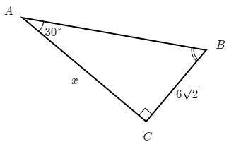 In the right triangle shown, m∠A = 30 degrees, and BC = 6√2, how long is AC?